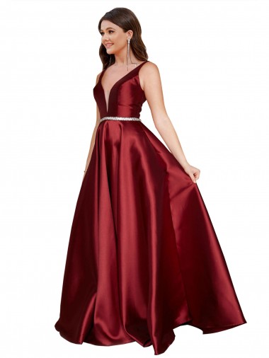 Discount Sleeveless Burgundy V-Back A-Line V-Neck Plus Size Formal Evening Dress