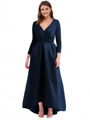 Discount Long Sleeves Dark Navy Ball Dress V-Neck High Low Plus Size Evening Dress